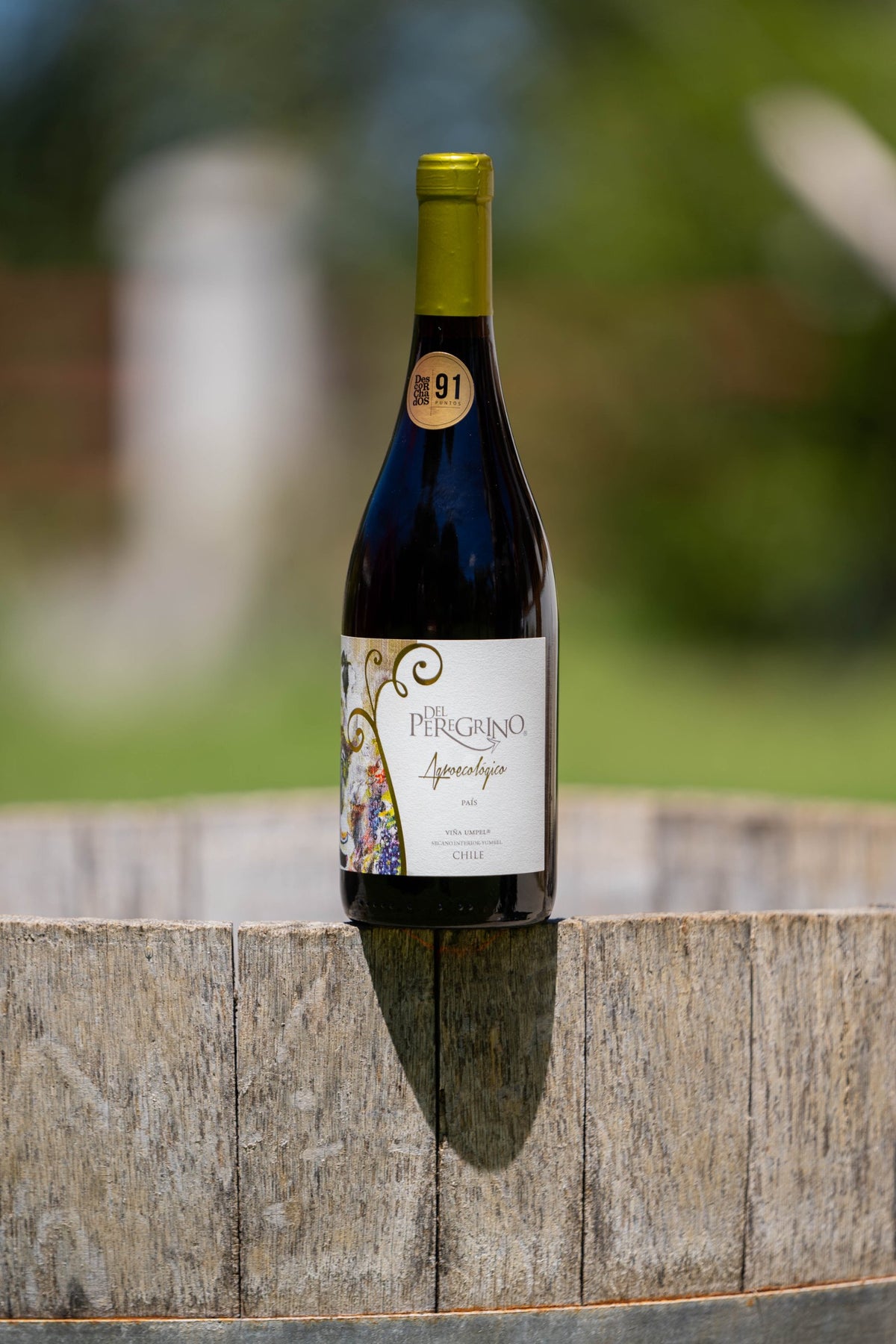 Botella de Del Peregrino, País agroecológico, con sello de 91 puntos Descorchados